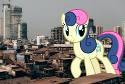 Size: 2400x1600 | Tagged: safe, artist:frownfactory, character:bon bon, character:sweetie drops, species:pony, female, giant pony, giantess, highrise ponies, india, irl, macro, mare, photo, ponies in real life, town