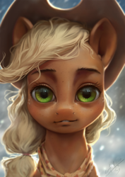 Size: 850x1200 | Tagged: safe, artist:assasinmonkey, character:applejack, species:earth pony, species:pony, episode:the last problem, g4, my little pony: friendship is magic, clothing, cowboy hat, female, freckles, granny smith's scarf, hat, looking at you, mare, oh god the eyes, older, older applejack, solo, stetson, uncanny valley