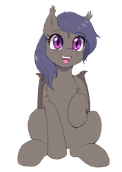 Size: 2480x3508 | Tagged: source needed, safe, artist:evomanaphy, oc, oc only, oc:night skies, species:bat pony, species:pony, 2020 community collab, derpibooru community collaboration, background removed, chest fluff, fangs, female, raised hoof, simple background, sitting, smiling, solo, transparent background