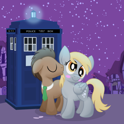 Size: 4443x4443 | Tagged: safe, artist:drawponies, character:derpy hooves, character:doctor whooves, character:time turner, species:earth pony, species:pegasus, species:pony, ship:doctorderpy, absurd resolution, blushing, doctor who, female, kissing, male, mare, shipping, stallion, straight, tardis, the doctor