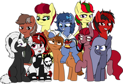 Size: 2976x2021 | Tagged: safe, artist:moonatik, artist:php109, artist:wenni, artist:zippysqrl, oc, oc only, oc:aces high, oc:attraction, oc:bubbles, oc:dustbowl dune, oc:forsaken, oc:four eyes, oc:lilith, oc:s.leech, oc:selenite, oc:sign, oc:whinny, species:bat pony, species:earth pony, species:pony, species:unicorn, 2020 community collab, derpibooru community collaboration, belly button, blushing, bow, chest fluff, chips, clothing, collaboration, collar, female, food, four eyes, freckles, frown, glasses, grin, hair bow, hoodie, hoof on chin, looking at you, male, mare, multiple artists, necktie, open mouth, simple background, sitting, smiling, solo jazz, stallion, standing, stockings, succubus, thigh highs, tongue out, transparent background, underhoof