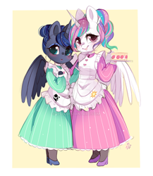 Size: 600x690 | Tagged: safe, artist:ipun, character:princess celestia, character:princess luna, species:alicorn, species:anthro, species:pony, alternate hairstyle, arm hooves, blushing, breasts, cake, chestbreasts, clothing, colored hooves, cute, cutelestia, deviantart watermark, dress, duo, female, food, friendship cafe, hair bun, lunabetes, maid, mare, obtrusive watermark, pantyhose, ponytail, royal sisters, shoes, siblings, sisters, smiling, watermark