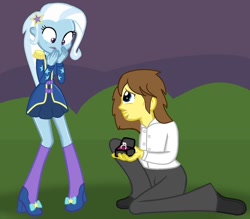 Size: 1024x895 | Tagged: safe, artist:grapefruitface1, character:trixie, oc, oc:grapefruit face, my little pony:equestria girls, canon x oc, crying, grapexie, night, ring, tears of joy, wedding proposal, wedding ring