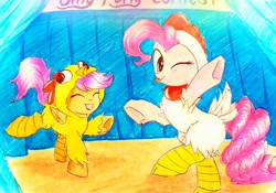 Size: 3282x2301 | Tagged: safe, artist:liaaqila, character:pinkie pie, character:scootaloo, species:earth pony, species:pegasus, species:pony, animal costume, chicken pie, chicken suit, clothing, costume, cute, cutealoo, diapinkes, eyes closed, female, filly, looking at you, mare, one eye closed, scootachicken, silly, silly pony, tongue out, wink