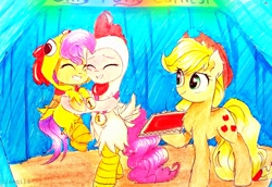Size: 3373x2322 | Tagged: safe, artist:liaaqila, character:applejack, character:pinkie pie, character:scootaloo, species:pegasus, species:pony, animal costume, chicken pie, chicken suit, clothing, costume, cute, cutealoo, diapinkes, gold medal, hug, scootachicken, scootalove, silly, silly pony