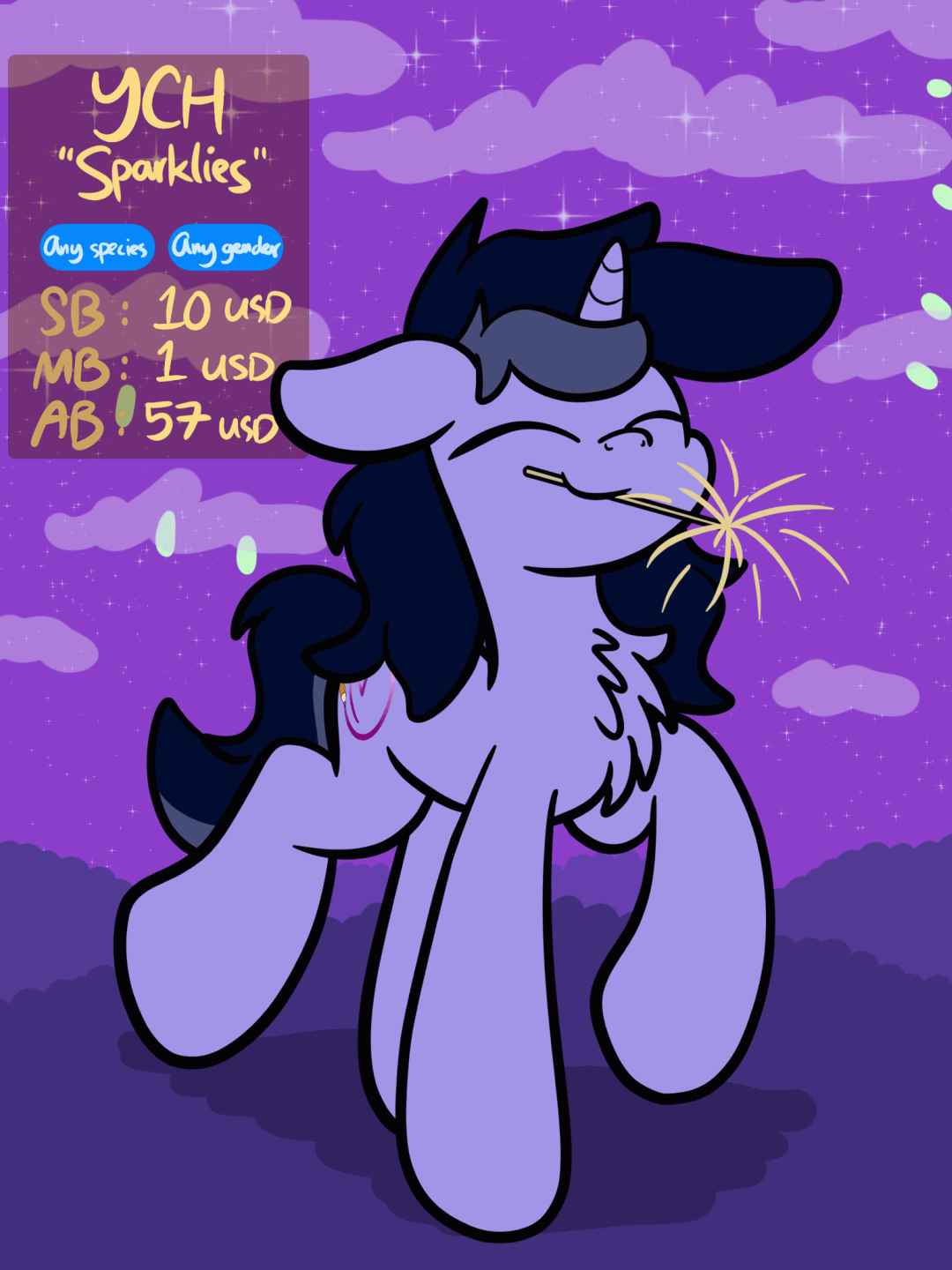 Size: 1080x1440 | Tagged: safe, artist:kimjoman, oc, oc only, oc:purple flix, species:pony, species:unicorn, animated, commission, cute, fireworks, gif, male, new year, night, solo, sparkler, text, ych example, your character here