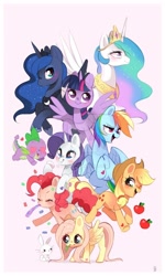 Size: 800x1330 | Tagged: safe, artist:ipun, character:angel bunny, character:applejack, character:fluttershy, character:pinkie pie, character:princess celestia, character:princess luna, character:rainbow dash, character:rarity, character:spike, character:twilight sparkle, character:twilight sparkle (alicorn), species:alicorn, species:dragon, species:earth pony, species:pegasus, species:pony, species:rabbit, species:unicorn, animal, apple, carrot, chibi, clothing, confetti, cowboy hat, deviantart watermark, female, food, hat, heart, heart eyes, jewelry, male, mane seven, mane six, mare, mouth hold, obtrusive watermark, pink background, regalia, royal sisters, simple background, watermark, wingding eyes, winking at you