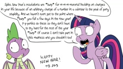 Size: 1200x675 | Tagged: safe, artist:pony-berserker, character:spike, character:twilight sparkle, character:twilight sparkle (alicorn), species:alicorn, species:dragon, species:pony, happy new year, happy new year 2020, holiday, new year's resolution, pony-berserker's twitter sketches, rick and morty, rick sanchez, style emulation, twirick, winged spike