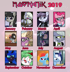 Size: 1979x2048 | Tagged: safe, artist:moonatik, character:cozy glow, character:grace manewitz, character:inky rose, character:limestone pie, character:nightmare moon, character:octavia melody, character:pinkie pie, character:princess luna, character:rainbow dash, character:raven inkwell, character:trixie, character:twilight sparkle, character:twilight sparkle (alicorn), oc, oc:river swirl, species:alicorn, species:anthro, species:earth pony, species:pegasus, species:pony, species:unicorn, 2019, alternate timeline, anthro with ponies, bunny suit, canterlot, clothing, crystal prep academy uniform, crystal war timeline, eyeshadow, glasses, joker (2019), magic, maid, makeup, school uniform