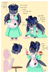 Size: 800x1181 | Tagged: safe, artist:ipun, character:princess luna, species:alicorn, species:pony, alternate hairstyle, blushing, cake, cheek fluff, clothing, colored hooves, cute, dialogue, dress, drink, female, floppy ears, food, friendship cafe, high heels, lunabetes, maid, mare, open mouth, semi-anthro, shoes, table, wing fluff