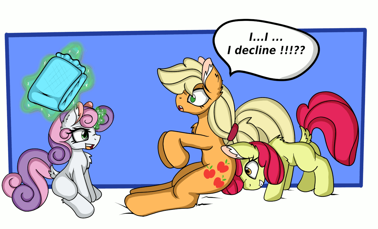 Size: 1280x775 | Tagged: safe, artist:cuddlelamb, character:apple bloom, character:applejack, character:sweetie belle, species:pony, age progression, age regression, animated, baby, baby pony, babyjack, blushing, diaper, dock, female, foal, gif, impossibly large diaper, levitation, magic, mouth hold, older, older apple bloom, poofy diaper, scruff, telekinesis, younger