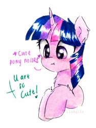 Size: 2216x2954 | Tagged: safe, artist:liaaqila, part of a set, character:twilight sparkle, species:pony, :t, blushing, chest fluff, cute, descriptive noise, dialogue, ear fluff, female, horse noises, leg fluff, mare, offscreen character, solo, traditional art, twiabetes