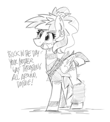 Size: 2205x2429 | Tagged: safe, artist:flutterthrash, character:windy whistles, species:pegasus, species:pony, alternate hairstyle, black and white, bullet belt, clothing, collar, dialogue, female, grayscale, mare, metal, monochrome, outfit, piercing, solo, vest, wristband