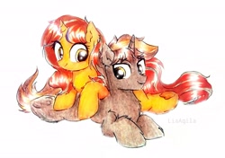 Size: 3165x2231 | Tagged: safe, artist:liaaqila, oc, oc only, oc:cinderheart, oc:shadowheart, species:pony, species:unicorn, commission, cute, duo, fluffy, high res, lying down, lying on top of someone, siblings, simple background, traditional art, twins, white background