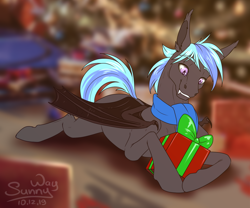 Size: 1200x1000 | Tagged: safe, artist:sunny way, oc, species:bat pony, species:pony, bat pony oc, bat wings, christmas, christmas tree, fangs, festral, happy, holiday, male, new year, present, solo, stallion, tree, wings