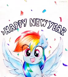 Size: 2322x2622 | Tagged: safe, artist:liaaqila, character:rainbow dash, species:pegasus, species:pony, confetti, cute, dashabetes, female, happy, happy new year, happy new year 2020, holiday, looking at you, simple background, smiling, solo, spread wings, wings