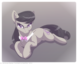 Size: 1700x1400 | Tagged: safe, artist:inuhoshi-to-darkpen, character:octavia melody, species:earth pony, species:pony, bow tie, cute, female, gradient background, lidded eyes, looking at you, mare, on side, prone, smiling, solo, staring into your soul