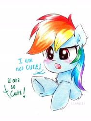 Size: 2156x2874 | Tagged: safe, artist:liaaqila, part of a set, character:rainbow dash, species:pony, blatant lies, blushing, bust, cute, dashabetes, dialogue, ear fluff, female, fluffy, i'm not cute, leg fluff, offscreen character, simple background, solo, talking to viewer, traditional art, tsunderainbow, tsundere, white background