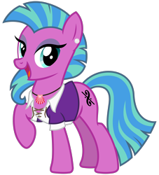 Size: 2900x3200 | Tagged: safe, artist:cheezedoodle96, oc, oc only, oc:elegy, species:earth pony, species:pony, 2020 community collab, derpibooru community collaboration, .svg available, clothing, disguise, disguised siren, ear piercing, earring, eyeshadow, female, hybrid, jewelry, looking at you, makeup, mare, mohawk, necklace, open mouth, pearl, piercing, raised hoof, seashell, shirt, simple background, smiling, solo, svg, transparent background, vector, vest