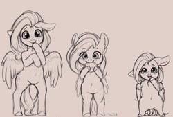 Size: 4000x2703 | Tagged: safe, artist:miokomata, character:fluttershy, species:pegasus, species:pony, belly button, both cutie marks, chest fluff, cookie, cute, featureless crotch, female, floppy ears, food, freckles, full face view, grayscale, high res, looking at you, mare, monochrome, ponidox, self ponidox, semi-anthro, shyabetes, simple background, size difference, smiling, smol, tallershy, triality, white background