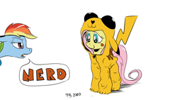 Size: 1200x675 | Tagged: safe, artist:pony-berserker, character:fluttershy, character:rainbow dash, clothing, cosplay, costume, crossover, cute, footed sleeper, i can't believe it's not idw, kigurumi, nerd, otakushy, pajamas, pikachu, pokémon, pony-berserker's twitter sketches, shyabetes