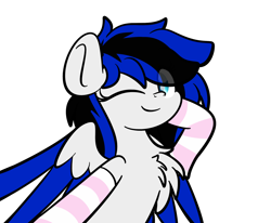 Size: 2048x1689 | Tagged: safe, artist:kimjoman, part of a set, oc, oc only, oc:black ice, species:pegasus, species:pony, chest fluff, clothing, cute, eye clipping through hair, female, looking at you, mare, one eye closed, simple background, socks, solo, striped socks, white background, wink, ych result