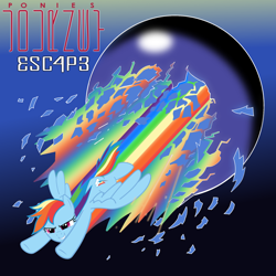 Size: 1024x1024 | Tagged: safe, artist:grapefruitface1, character:rainbow dash, species:pegasus, species:pony, g4, my little pony: friendship is magic, album cover, escape, explosion, female, flying, journey (band), ponified, ponified album cover, solo, sonic rainboom