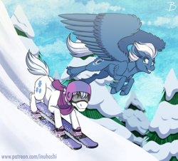 Size: 1900x1718 | Tagged: safe, artist:inuhoshi-to-darkpen, character:double diamond, character:night glider, species:earth pony, species:pegasus, species:pony, digital art, duo, feathered fetlocks, female, helmet, male, mare, racing, smiling, snow, snowboard, snowboarding, stallion, tree