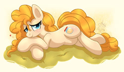 Size: 1550x900 | Tagged: safe, artist:joakaha, character:pear butter, species:earth pony, species:pony, blushing, female, heart, looking at you, mare, prone, smiling, solo