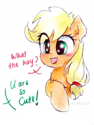 Size: 2205x2939 | Tagged: safe, artist:liaaqila, part of a set, character:applejack, species:earth pony, species:pony, blushing, chest fluff, cute, dialogue, eye clipping through hair, female, jackabetes, mare, open mouth, simple background, solo, talking to viewer, traditional art, what the hay?