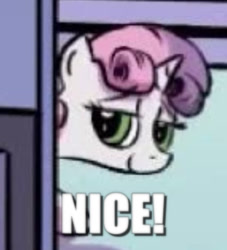 Size: 360x396 | Tagged: safe, artist:pony-berserker, edit, character:sweetie belle, species:pony, species:unicorn, caption, i can't believe it's not idw, image macro, meme, nice, text
