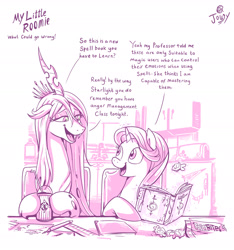 Size: 2062x2205 | Tagged: safe, artist:jowyb, character:queen chrysalis, character:starlight glimmer, species:changeling, species:pony, species:unicorn, series:my little roomie, book, changeling queen, dialogue, drink, duo, female, food, high res, kitchen, magic, mare, monochrome, open mouth, parabites, parasprite, roommates, simple background, straw, telekinesis, this will not end well, white background