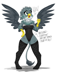 Size: 1500x1893 | Tagged: safe, artist:flutterthrash, character:gabby, species:anthro, species:griffon, bare shoulders, chest fluff, clothing, cute, dialogue, female, fishnets, gabbybetes, leotard, open mouth, simple background, solo, spread wings, stockings, strapless, thigh highs, white background, wings