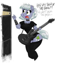 Size: 1200x1335 | Tagged: safe, artist:flutterthrash, character:limestone pie, species:anthro, black underwear, choker, clothing, dialogue, ear fluff, ear piercing, electric guitar, female, fishnets, guitar, musical instrument, open mouth, panties, piercing, simple background, solo, spiked choker, spiked wristband, underwear, white background, wristband