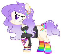 Size: 2488x2272 | Tagged: safe, artist:aestheticallylithi, artist:lazuli, base used, oc, oc only, oc:maxie (ice1517), species:earth pony, species:pony, bow, bracelet, choker, clothing, ear piercing, earring, female, freckles, gay pride, hairclip, high res, hoodie, jewelry, lesbian pride flag, mare, piercing, pride, pride flag, rainbow socks, raised hoof, simple background, socks, solo, striped socks, tail bow, transparent background, watermark, wristband