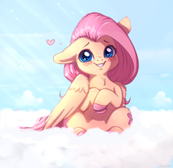 Size: 3170x3069 | Tagged: safe, artist:miokomata, character:fluttershy, species:pegasus, species:pony, blushing, chest fluff, cloud, colored hooves, crepuscular rays, cute, ear down, ear fluff, female, heart, high res, leg fluff, mare, on a cloud, shyabetes, sitting, sky, smiling, solo