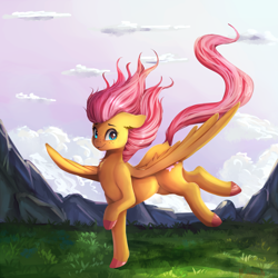 Size: 2000x2000 | Tagged: safe, artist:miokomata, character:fluttershy, species:pegasus, species:pony, colored hooves, female, floppy ears, flying, freckles, freckleshy, looking at you, mare, mountain, outdoors, raised hoof, solo, spread wings, three quarter view, wings