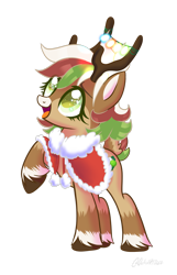 Size: 1024x1587 | Tagged: safe, artist:lazuli, artist:wicked-red-art, base used, oc, oc only, oc:olive (reindeer), species:deer, species:reindeer, christmas, christmas lights, clothing, coat, commission, cute, deer oc, female, holiday, multicolored hair, open mouth, raised hoof, simple background, solo, transparent background, unshorn fetlocks