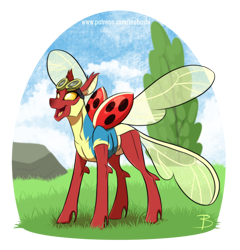 Size: 1514x1578 | Tagged: safe, artist:inuhoshi-to-darkpen, oc, oc only, oc:coccinella, species:changeling, species:reformed changeling, changedling oc, changeling oc, clothing, female, goggles, insect, ladybug, ladybug changeling, red changeling, simple background, solo, spread wings, transparent background, uniform, wings, wonderbolt trainee uniform