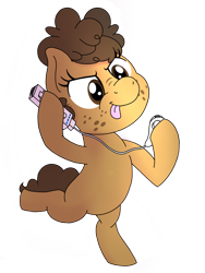 Size: 1200x1600 | Tagged: safe, artist:toyminator900, oc, oc only, oc:binky, species:zony, bipedal, female, filly, freckles, hybrid, nunchuck, simple background, solo, stripes, tongue out, transparent background, wii, wiimote, younger