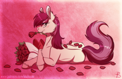 Size: 1500x971 | Tagged: safe, artist:inuhoshi-to-darkpen, character:roseluck, species:earth pony, species:pony, blushing, bouquet, cheek fluff, chest fluff, crossed legs, ear fluff, female, flower, flower in mouth, looking at you, mare, mouth hold, petals, pink background, prone, remake, rose, rose in mouth, solo, unshorn fetlocks