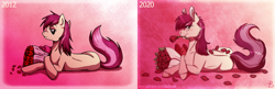 Size: 3000x971 | Tagged: safe, artist:inuhoshi-to-darkpen, character:roseluck, species:earth pony, species:pony, g4, 2012, 2020, art evolution, bedroom eyes, bouquet, eyebrows, eyebrows visible through hair, female, flower, flower in mouth, lidded eyes, looking at you, mare, mouth hold, petals, pink background, profile, prone, remake, rose, rose in mouth, signature, simple background, solo, unshorn fetlocks