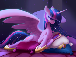 Size: 4400x3300 | Tagged: safe, artist:dawnfire, character:twilight sparkle, character:twilight sparkle (alicorn), species:alicorn, species:pony, episode:the last problem, g4, my little pony: friendship is magic, book, crepuscular rays, crown, cutie mark, dust motes, ethereal mane, female, galaxy mane, hoof shoes, jewelry, lidded eyes, mare, pillow, princess twilight 2.0, prone, regalia, smiling, solo, sparkles, spread wings, tiara, wings