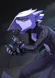 Size: 2480x3508 | Tagged: safe, artist:underpable, character:limestone pie, species:anthro, chains, clothing, dark background, female, fingerless gloves, gloves, jacket, jeans, leather gloves, leather jacket, microphone, open mouth, pants, piercing, punk, singing, solo, spiked wristband, wristband