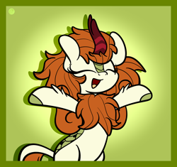 Size: 2198x2070 | Tagged: safe, artist:kimjoman, character:autumn blaze, species:kirin, episode:sounds of silence, g4, my little pony: friendship is magic, arms wide open, awwtumn blaze, bipedal, cloven hooves, colored hooves, cute, eyes closed, female, gradient background, green background, high res, hooves, open mouth, simple background, singing, solo