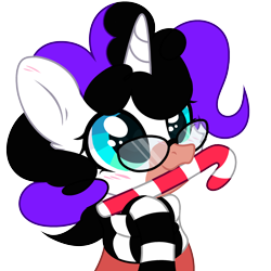 Size: 2800x2800 | Tagged: safe, artist:alfury, artist:lazuli, base used, oc, oc only, oc:vynarity, species:pony, species:unicorn, big eyes, blushing, candy, candy cane, clothing, curly mane, female, food, glasses, mare, mouth hold, nom, scarf, simple background, solo, sweater, transparent background, ych result