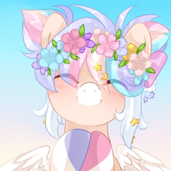 Size: 800x800 | Tagged: safe, artist:loyaldis, oc, oc only, species:pegasus, species:pony, blushing, bust, eyes closed, floral head wreath, flower, gradient background, hooves together, portrait, smiling, solo, spread wings, wings, ych result
