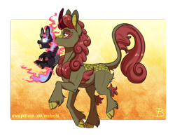 Size: 1428x1109 | Tagged: safe, artist:inuhoshi-to-darkpen, character:maple brown, species:kirin, g4, abstract background, baby, baby kirin, baby nirik, chest fluff, cloven hooves, colored eyebrows, colored hooves, cute, eyebrows, fluffy, foal, hooves, kirinbetes, leg fluff, mane of fire, mouth hold, nirik, open mouth, orange background, profile, scruff, signature, simple background, trotting, unshorn fetlocks