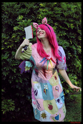 Size: 3456x5184 | Tagged: safe, artist:krazykari, character:pinkamena diane pie, character:pinkie pie, species:human, fanfic:cupcakes, absurd file size, clothing, cosplay, costume, cutie mark dress, irl, irl human, meat cleaver, photo, solo