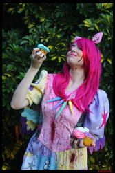 Size: 3456x5184 | Tagged: safe, artist:krazykari, character:pinkie pie, species:human, fanfic:cupcakes, clothing, cosplay, costume, cupcake, food, irl, irl human, photo, solo